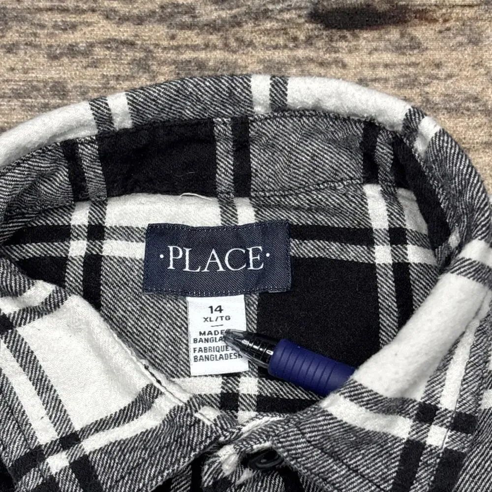 Place Black White Plaid Flannel Long Sleeve Button Up Shirt Boys XL